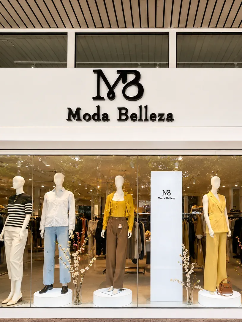 Fassade von Moda Belleza mit der Wortmarke über dem Schaufenster und angezogenen Figuren dahinter.