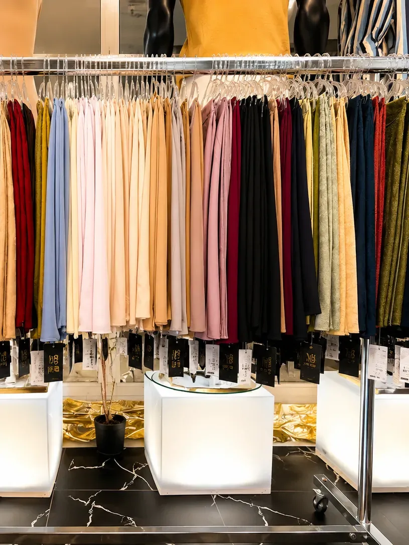 Kleiderstange mit dicht gehängten Tüchern in Rosé, Creme, Camel, Beere und Marine über beleuchteten weißen Podesten.