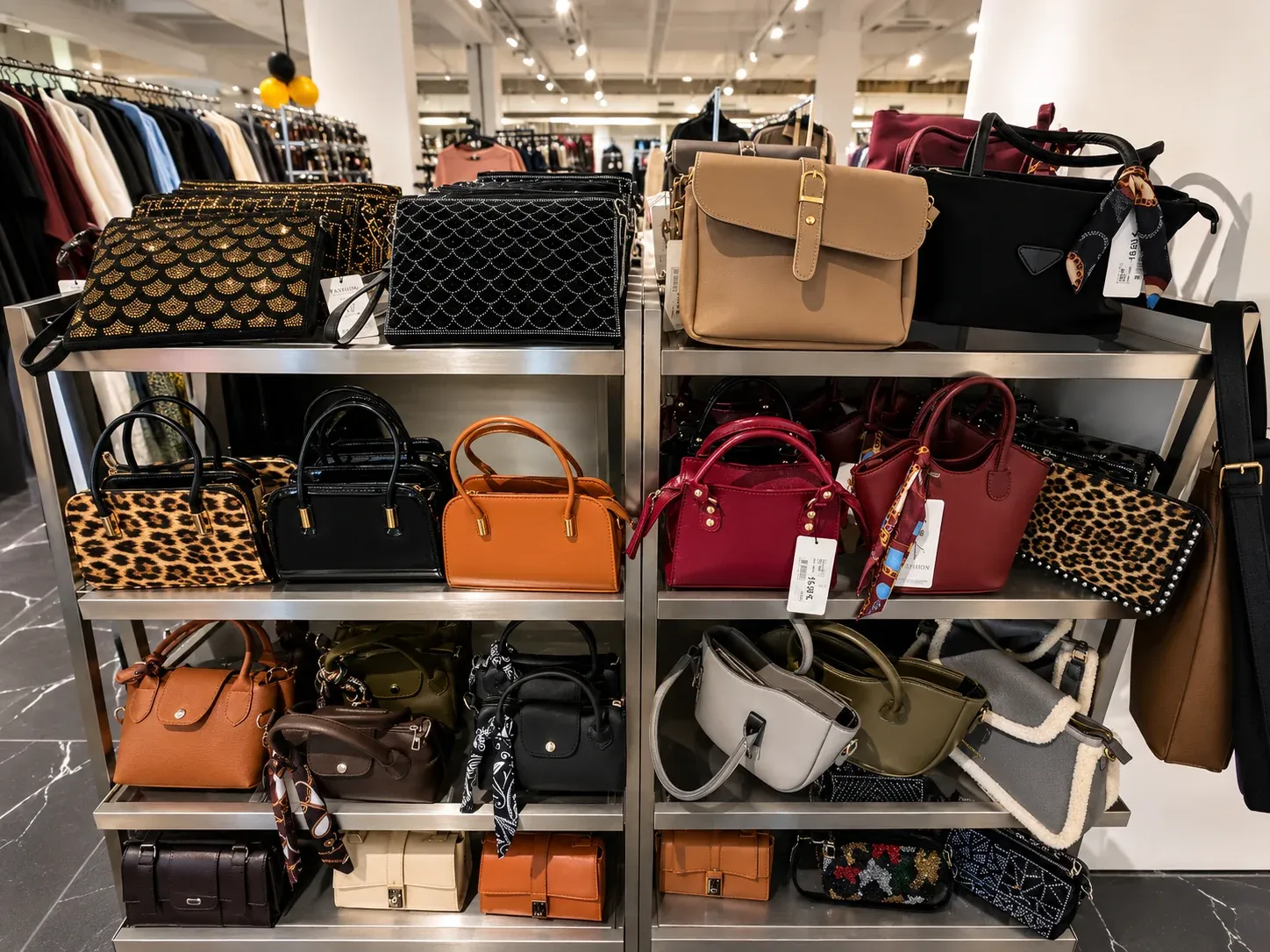 Regal mit Handtaschen in verschiedenen Farben und Mustern im Laden von Moda Belleza.